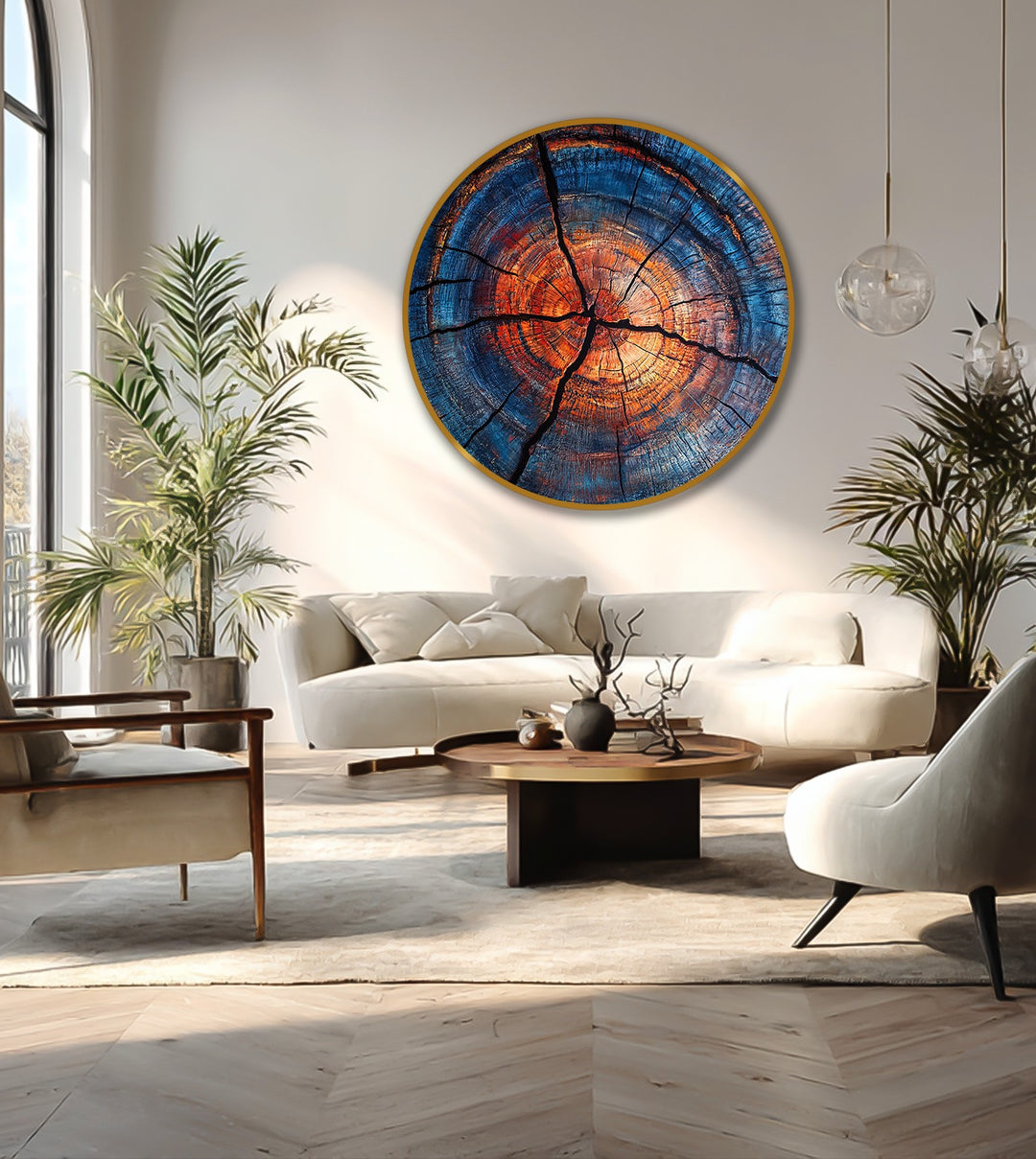 Negative space draws the eye around the striking round oil painting home decor, emphasizing the fiery orange and cool blue tones of the abstract wood ring.