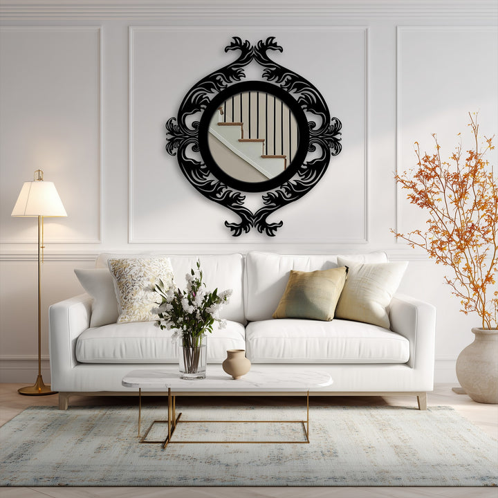White is the dominant color in this scene featuring an ornate dual dragon metal wall decor, enhancing the focal point of a framed wall mirror.