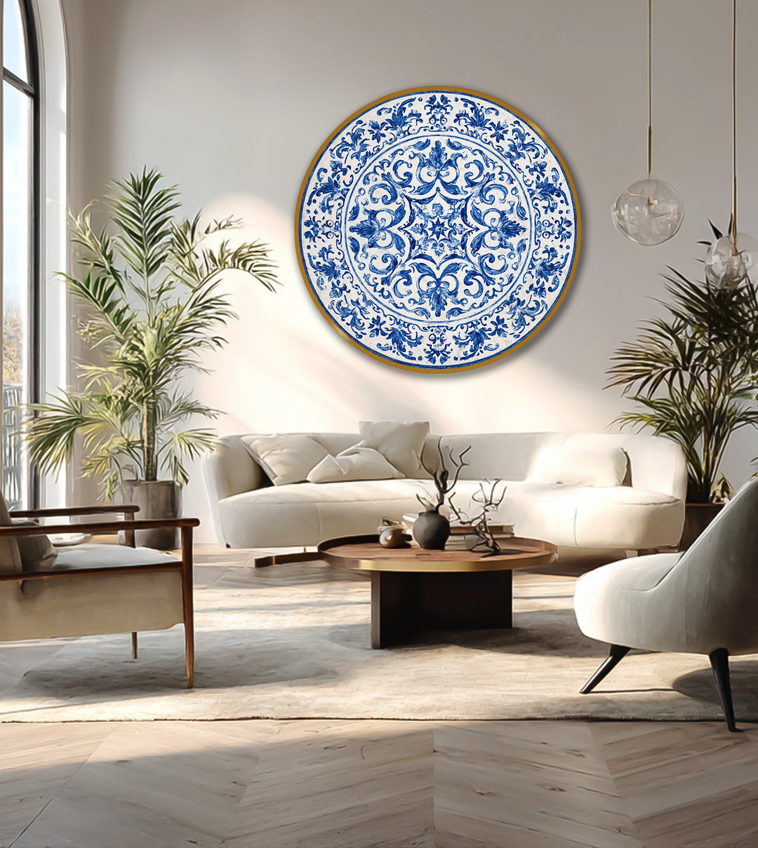 classic blue scrollwork oil painting