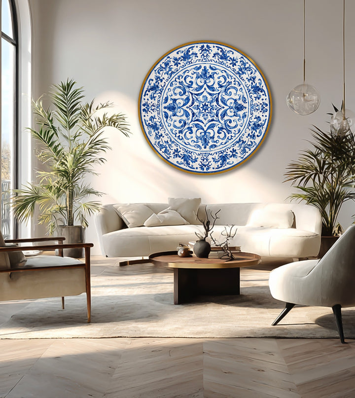 classic blue scrollwork oil painting