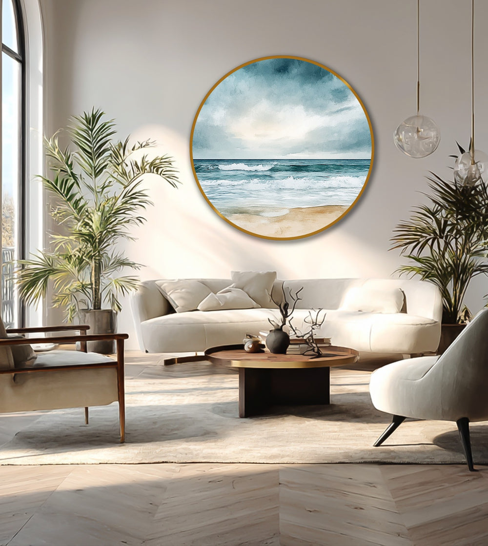 Round oil painting art piece features a circular canvas with a beach horizon scene, complementing the room's rectangles and curved furniture designs.