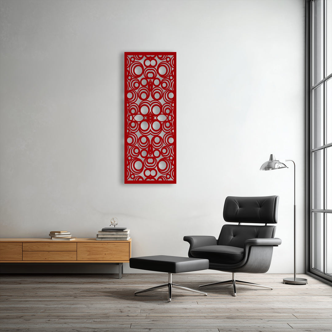 The striking geometric elements of this unique metal wall art feature intricate red circular patterns, creating a modern abstract panel decor.