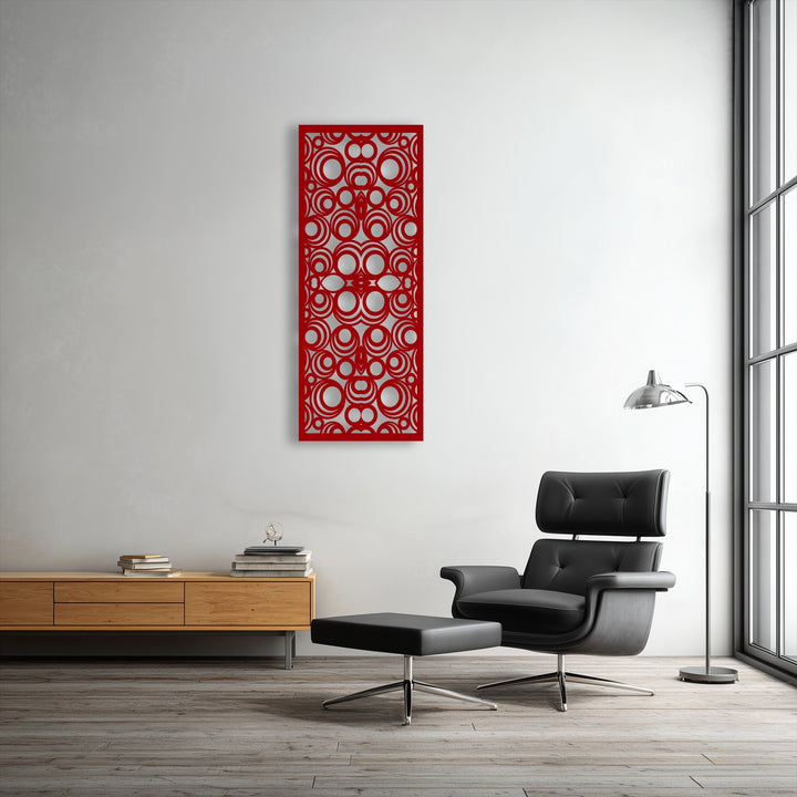 The striking geometric elements of this unique metal wall art feature intricate red circular patterns, creating a modern abstract panel decor.