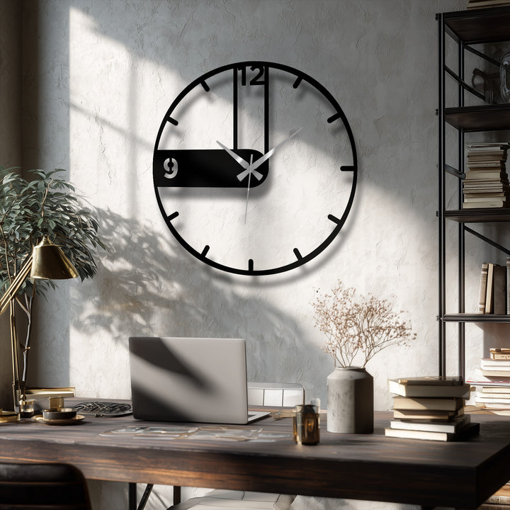 Deep layers in the presentation of the modern asymmetrical black metal art for wall clock create a visually captivating home decor element.