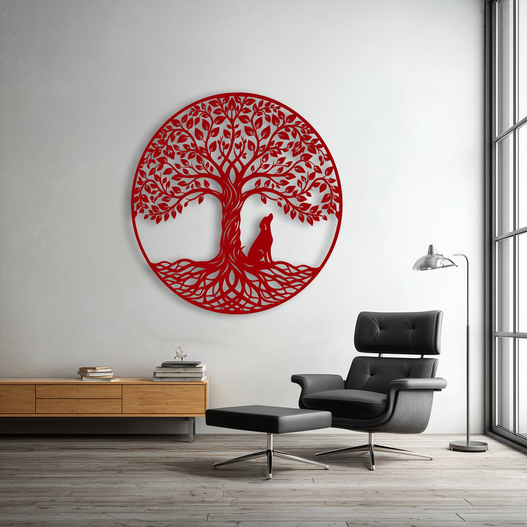 The intricate organic forms of the Tree of Life's roots and branches, with a wolf silhouette, create a unique metal wall art piece.