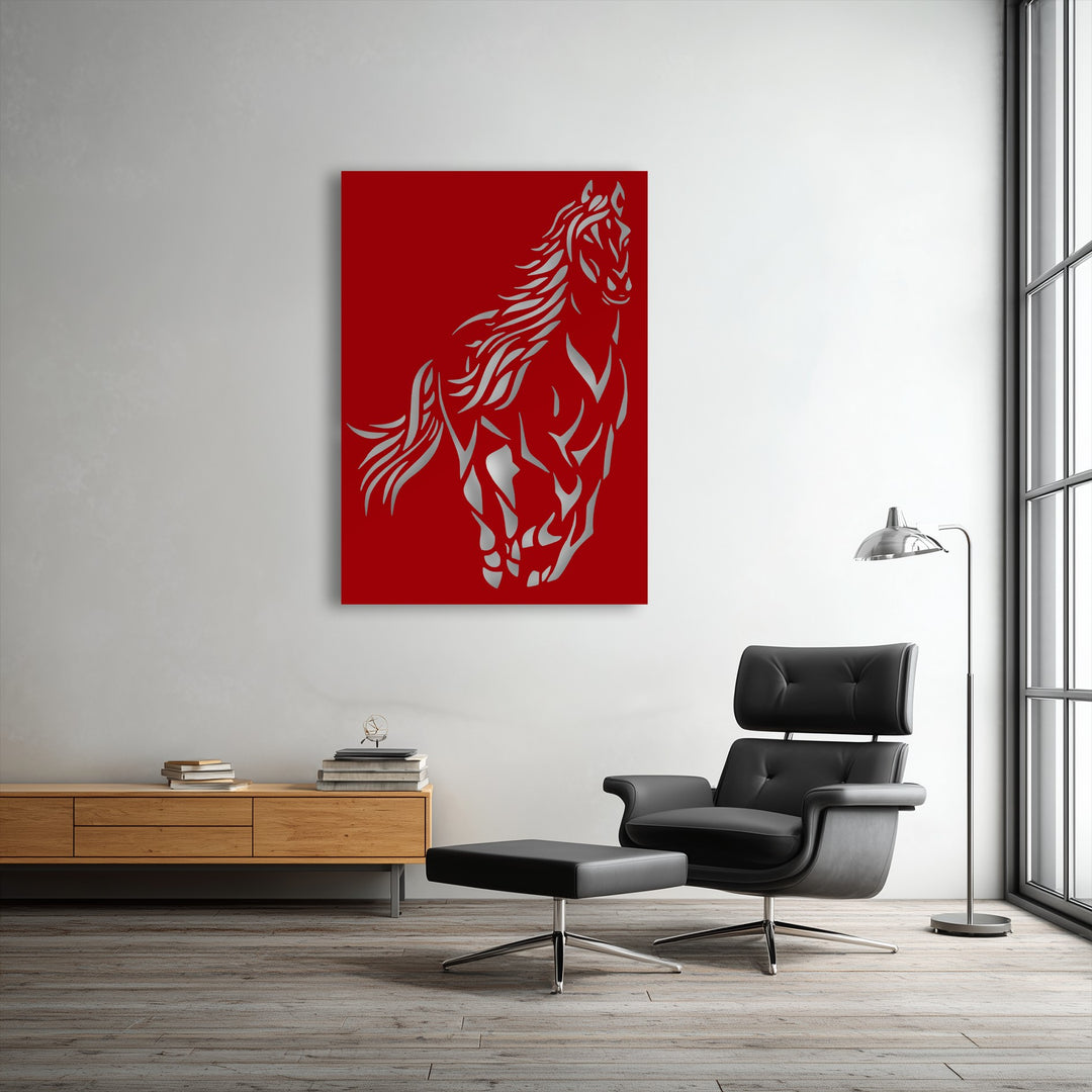 Highlighting exceptional material quality, this dynamic wild spirit horse metal artwork features a gleaming silhouette on a vibrant red panel.
