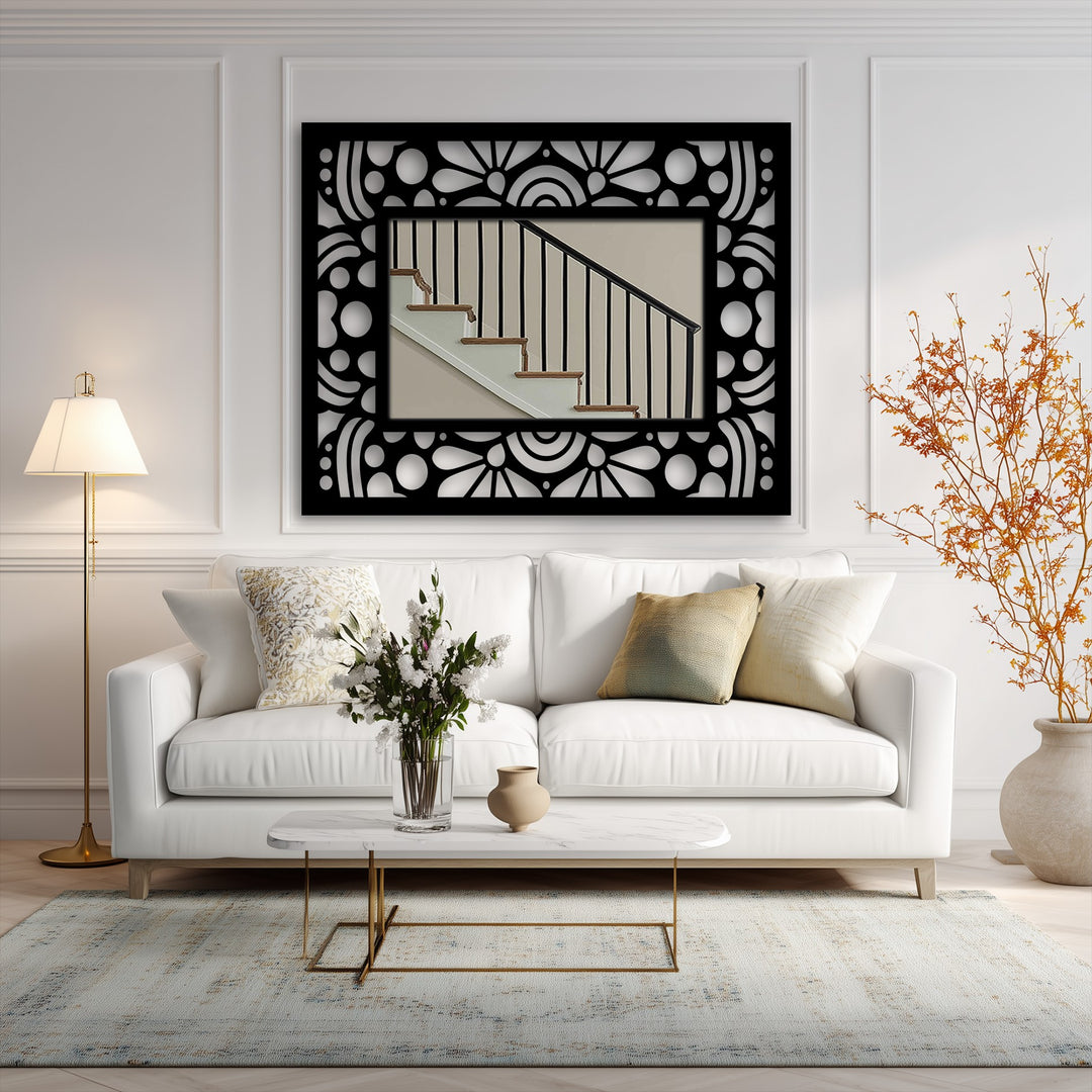 Organic floral patterns frame the rectangular stained glass wall mirror, enhancing the retro geometric detail with naturally flowing forms.