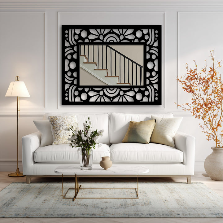 Organic floral patterns frame the rectangular stained glass wall mirror, enhancing the retro geometric detail with naturally flowing forms.