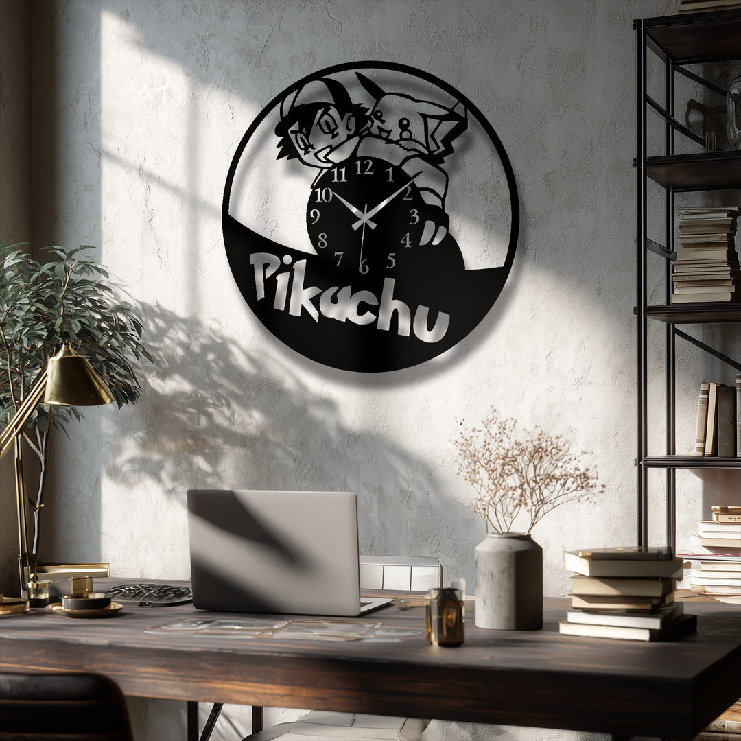 Negative space forms the Ash and Pikachu silhouettes and lettering on this black metal wall clock, a charming decoration wall art piece.