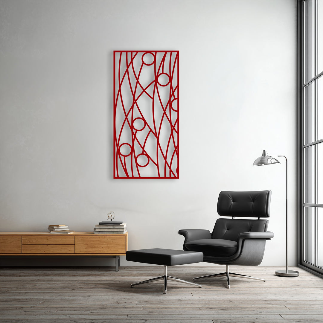 The stillness of the red abstract linear geometry metal artwork, a modern minimalist panel design, creates a tranquil atmosphere.