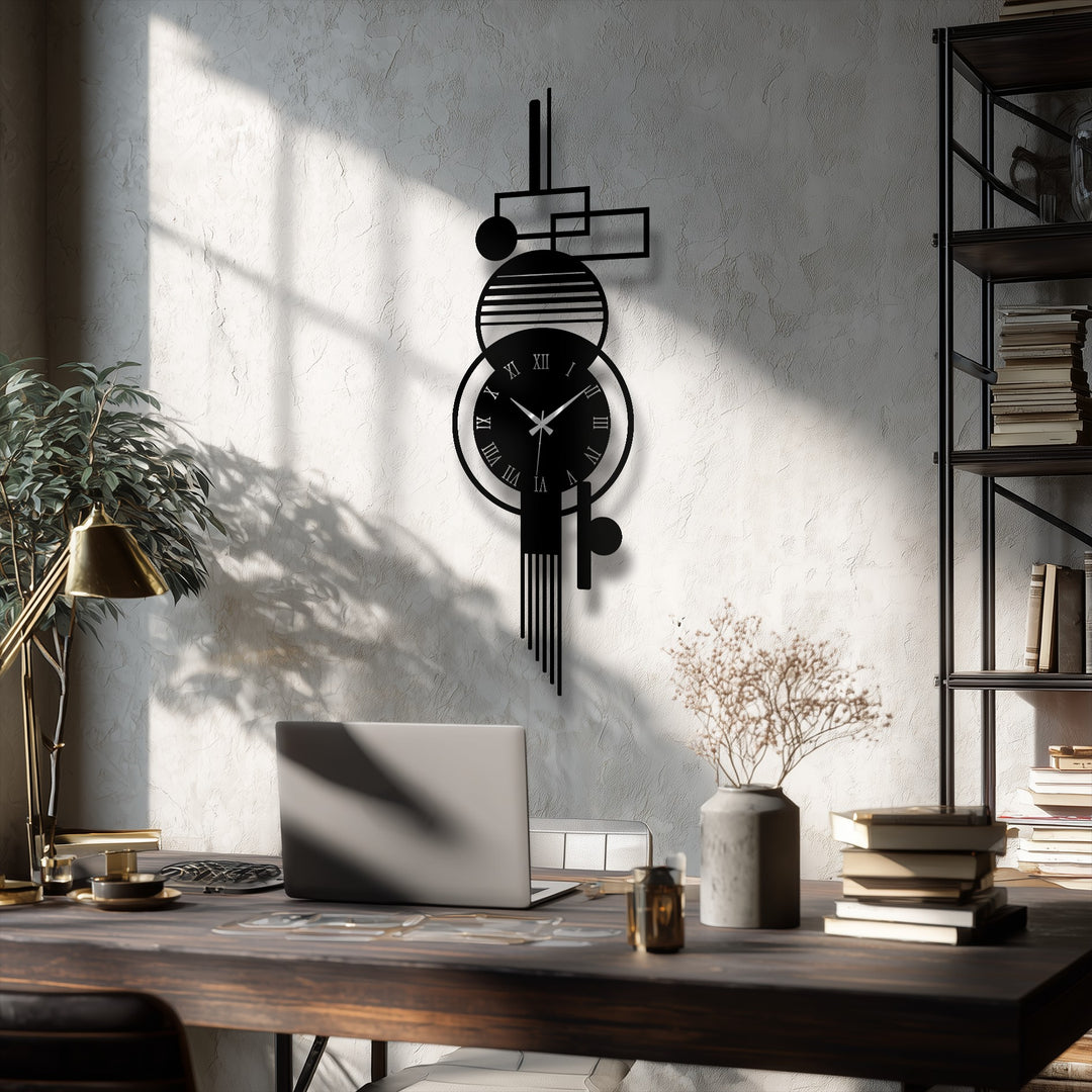 Showcasing an exploration of abstract quality in a modern vertical metal wall decor clock featuring geometric shapes and Roman numerals.
