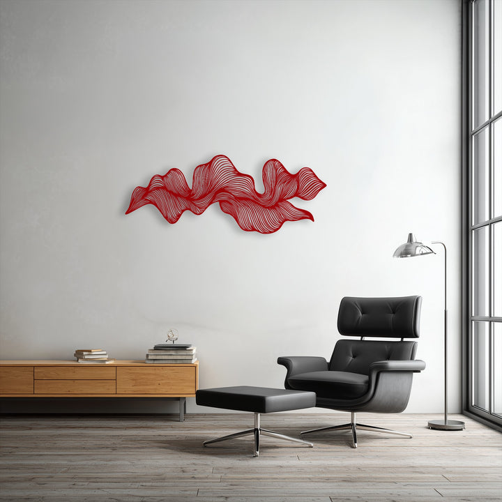 The intricate layers and depth of the red abstract wave flow metal art for wall create a modern sculptural effect.