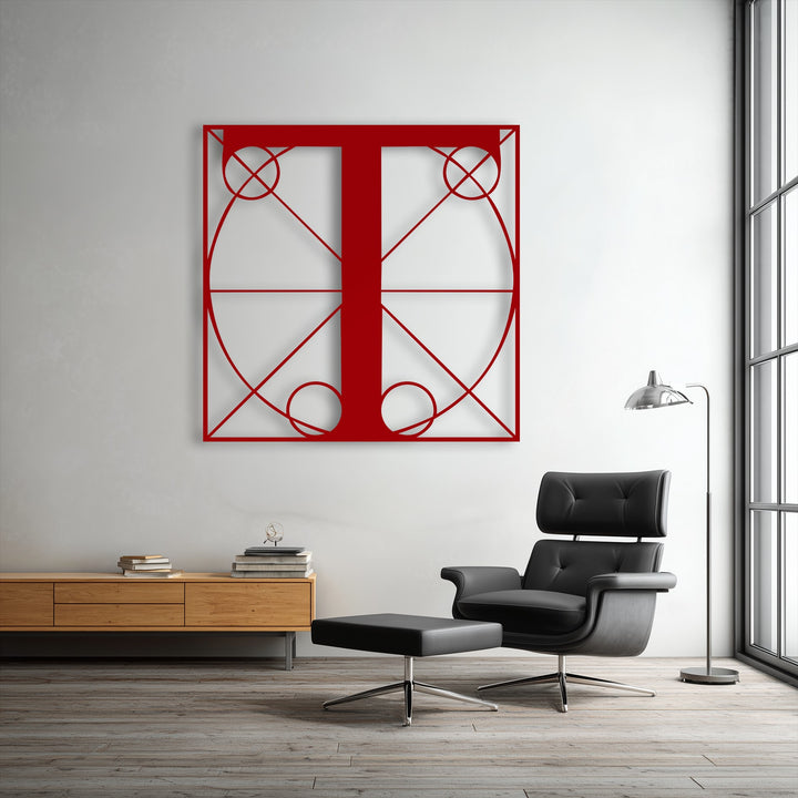 The striking layering effect of the bold red Geometric Letter T decorative metal art stands prominently against the soft white wall.