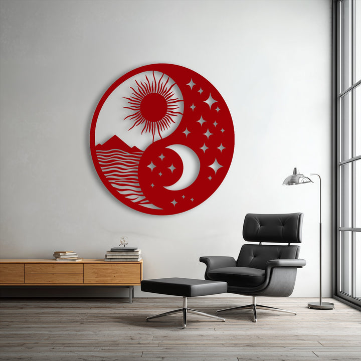 The bright white wall highlights the vivid red Celestial Balance Yin Yang sun moon landscape metal artwork, showcasing its intricate details.