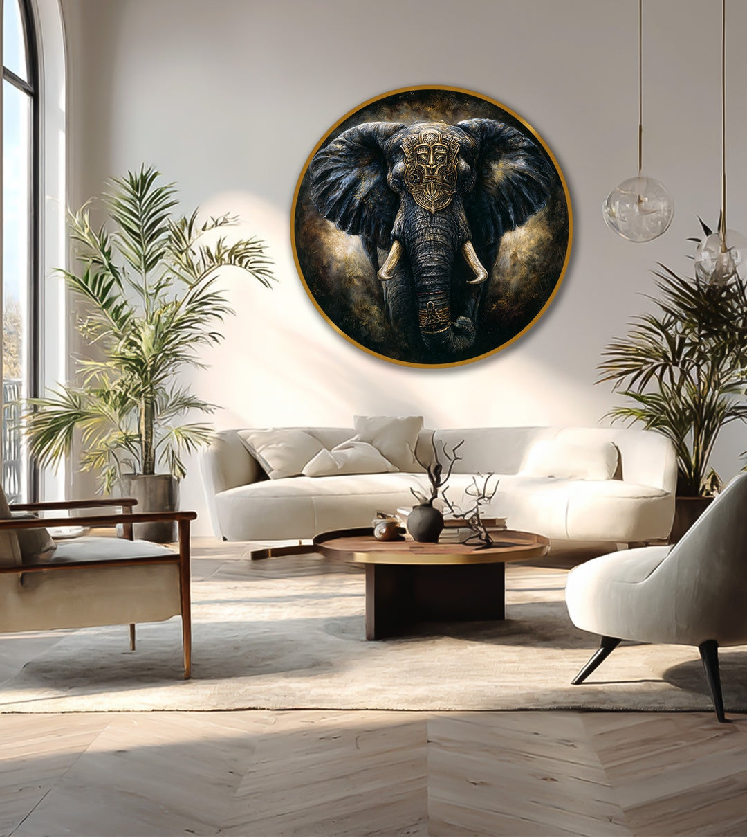 Elefante Guardián Real – Redondo Majestuoso Oscuro Cuadro al óleo sobre madera