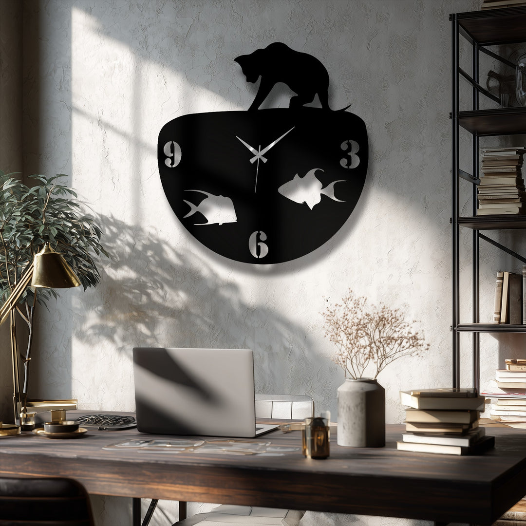 The captivating focal point is a large black metal artwork wall clock, creatively designed with a cat peering into a fishbowl.