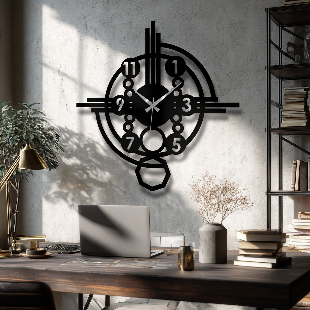 Muted color saturation emphasizes the striking black modern industrial gear style metal wall clock that brings unique metal wall decor to a stylish space.