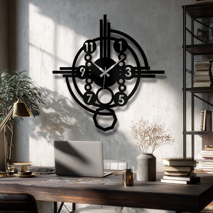 Muted color saturation emphasizes the striking black modern industrial gear style metal wall clock that brings unique metal wall decor to a stylish space.