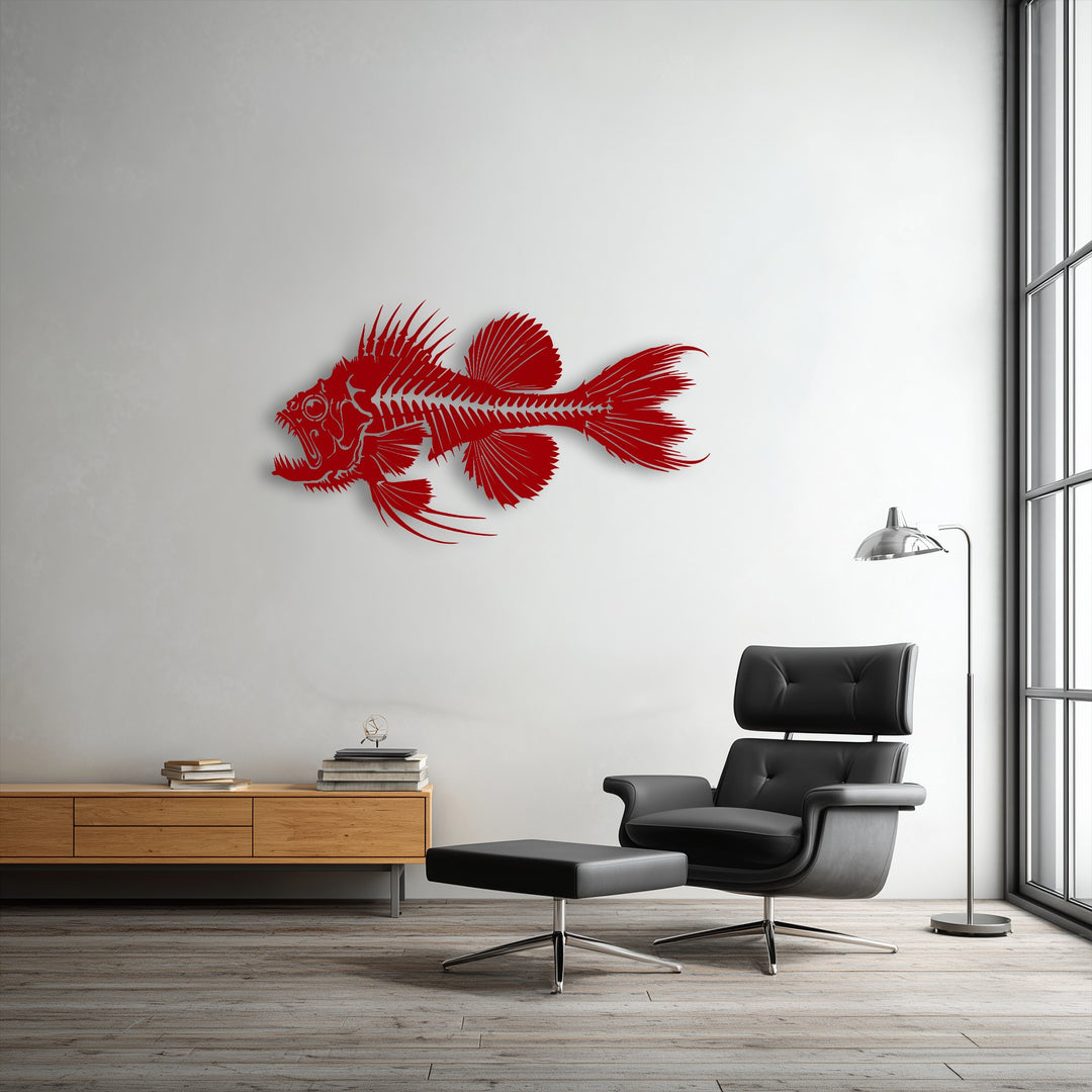 The plain white wall provides a clean backdrop for the striking Predator Fish Skeleton metal artwork.