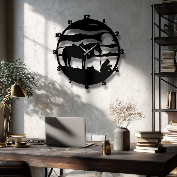Boldly designed, the cowboy horse silhouette metal wall clock showcases rustic charm as a striking piece of metal artwork, perfect for Western-themed spaces.