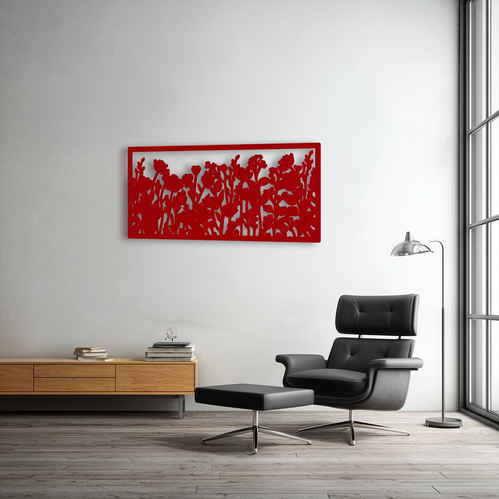 The refined surface texture of the red wildflower silhouette metal artwork highlights its intricate botanical design and smooth finish.