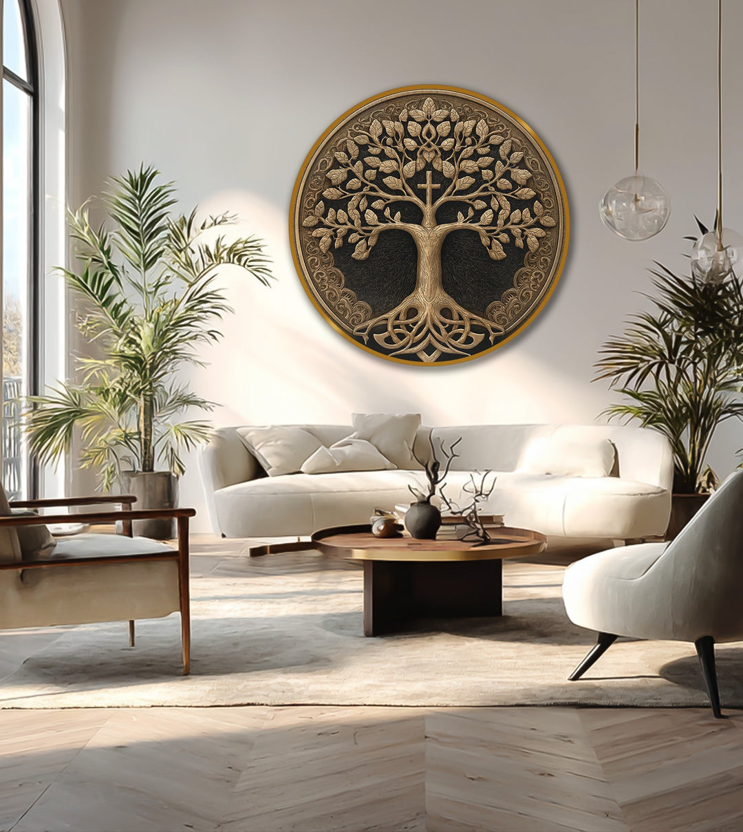High color contrast highlights the Sacred Tree of Life with Cross as an ornate oil painting artwork, its design a captivating focal point.
