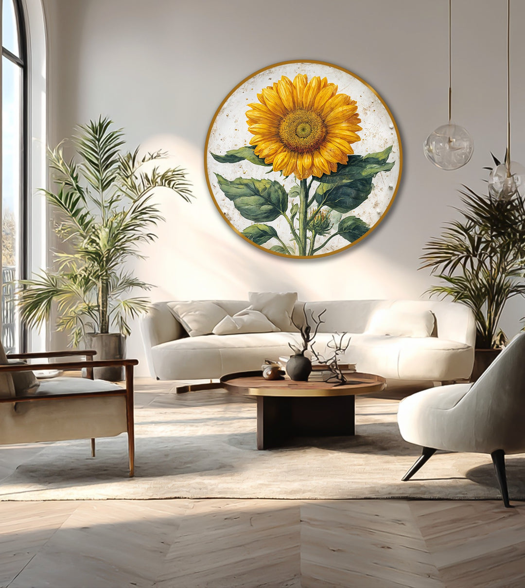 Creamy light washes over this sunflower botanical round oil painting, enhancing the oil painting decoration with its gentle glow, creating a tranquil ambiance.