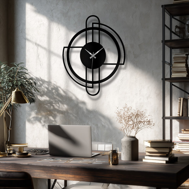 Black dominates this modern wall clock, a circular metal art for wall featuring a minimal line design that adds a sophisticated touch to any space.
