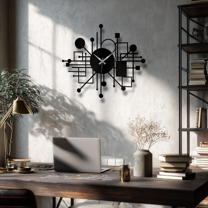 Geometric decoration wall art is displayed through the network-like lines, circles, and squares of this abstract metal wall clock, a modern timekeeping piece.