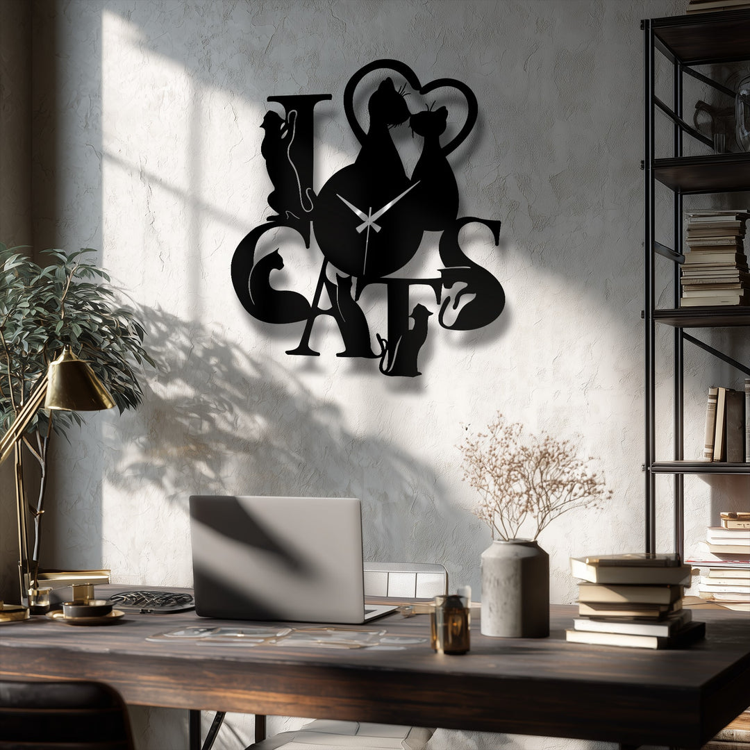 Vertically oriented, this unique metal wall art clock features an irregular 'I LOVE CATS' shape with romantic cat silhouettes.