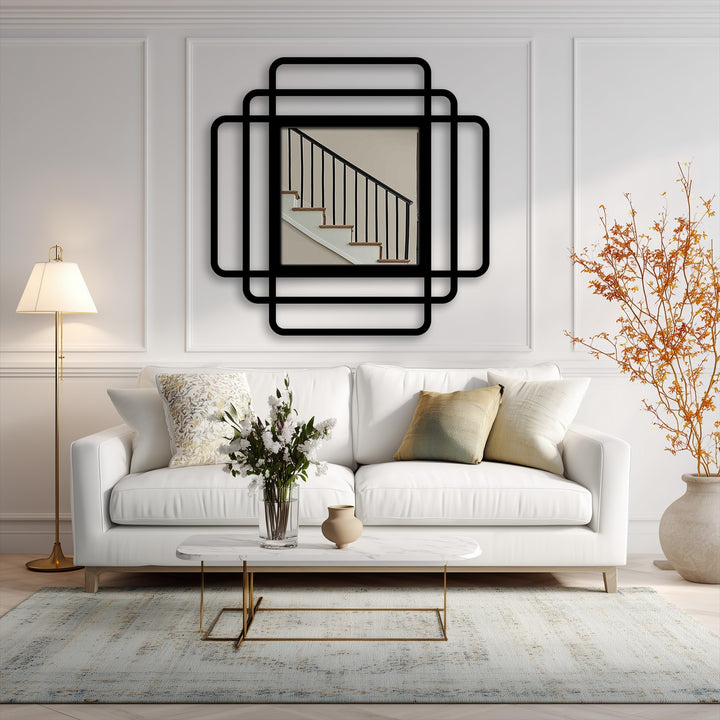 The layered frames of the rounded square modern mirror for wall decor form a striking, geometric centerpiece on the wall, enhancing a contemporary interior.