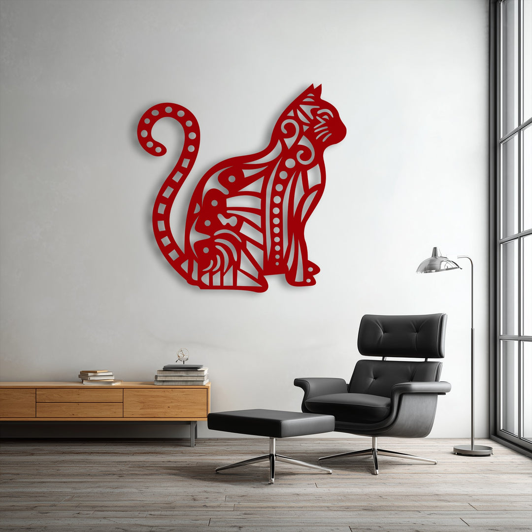 With a neutral-cool color temperature, this bright scene features an ornamental cat silhouette metal wall decor with a decorative pattern.
