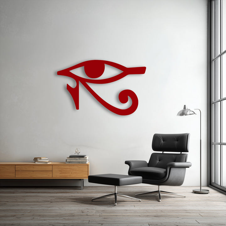The realistic detail of the striking red Eye of Horus symbol as metal art for wall, creating a captivating focal point in a contemporary room.