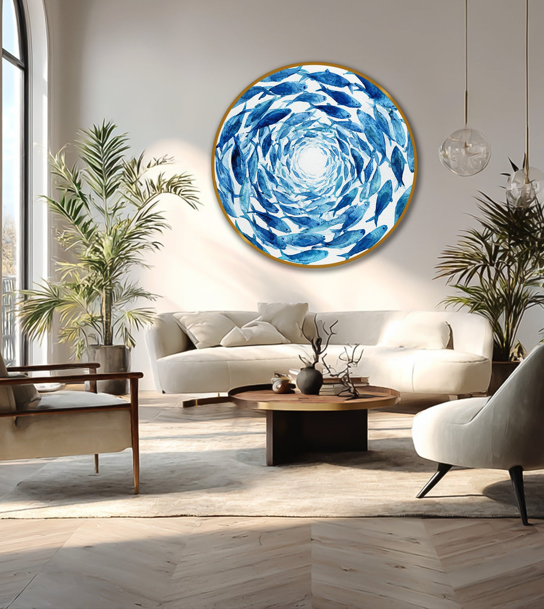 Illuminated by sunlight, the brightest area highlights the swirling vortex of fish in this captivating oil painting artwork, a round coastal-themed scene on wood.