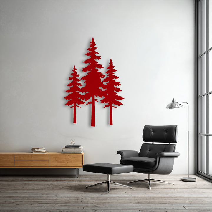 The crisp light creates a dramatic shadow play around the red pine forest silhouette metal artwork, emphasizing its intricate shape on the bright wall.