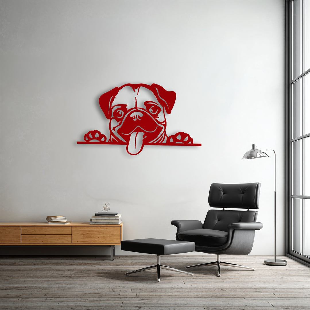 The playful red Pug Dog decorative metal art appears to eagerly peek and pant, creating a lively sense of movement on the crisp wall.