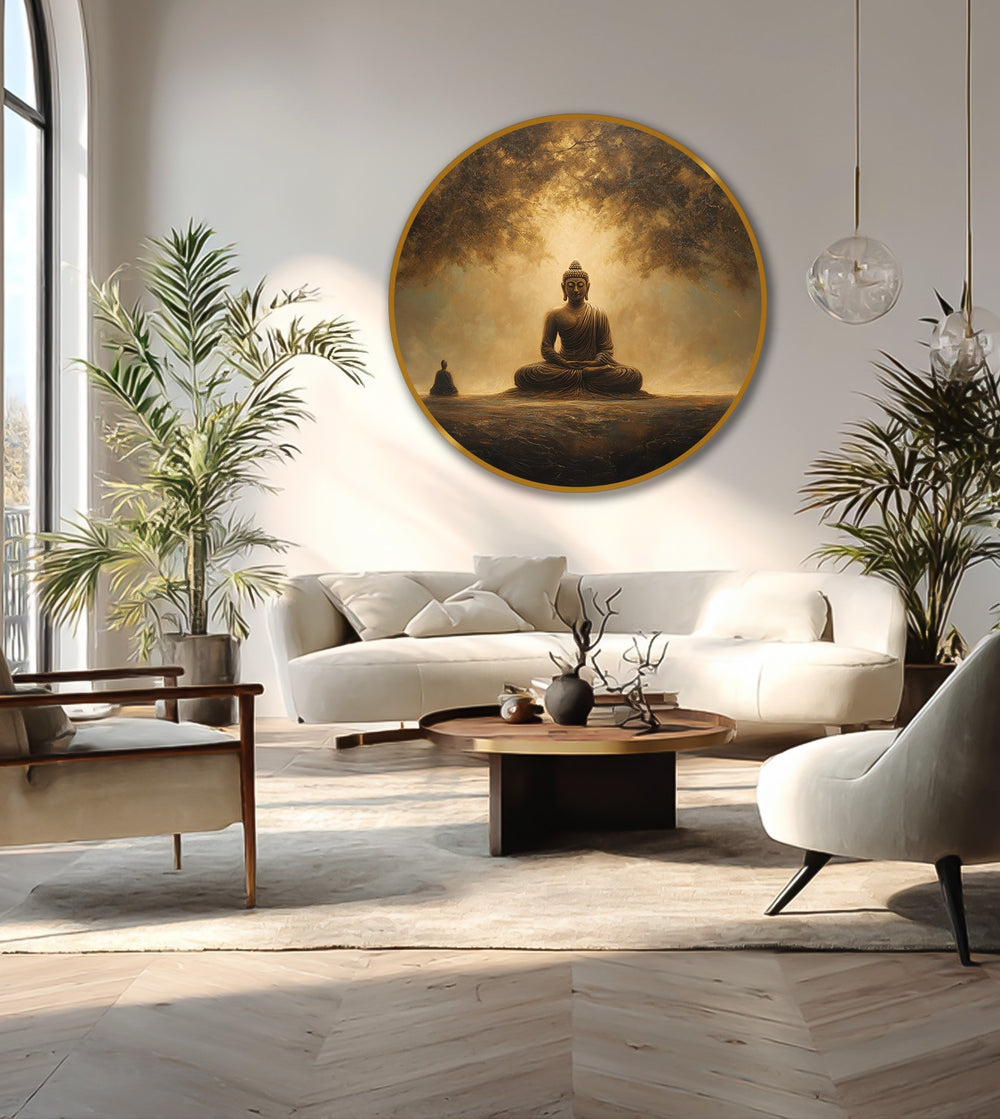 Abstract golden hues and serene forms converge in this circular oil painting art piece, where the Buddha's stillness emanates calming, spiritual warmth.