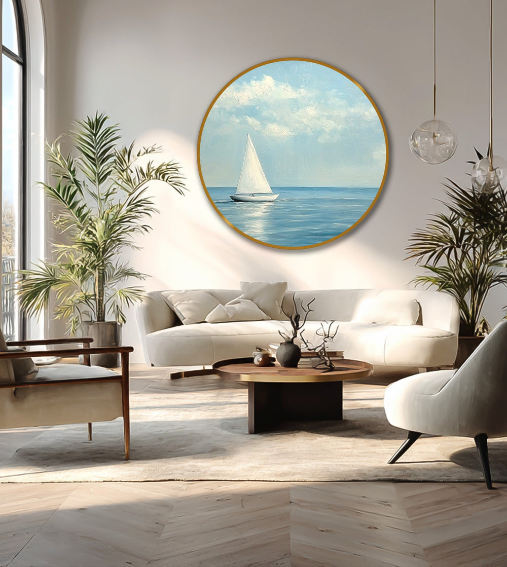 Gentle ripples emanate from the sailboat in this round oil painting, giving the 'Silent Horizon' a subtle yet captivating sense of movement using modern oil painting art.