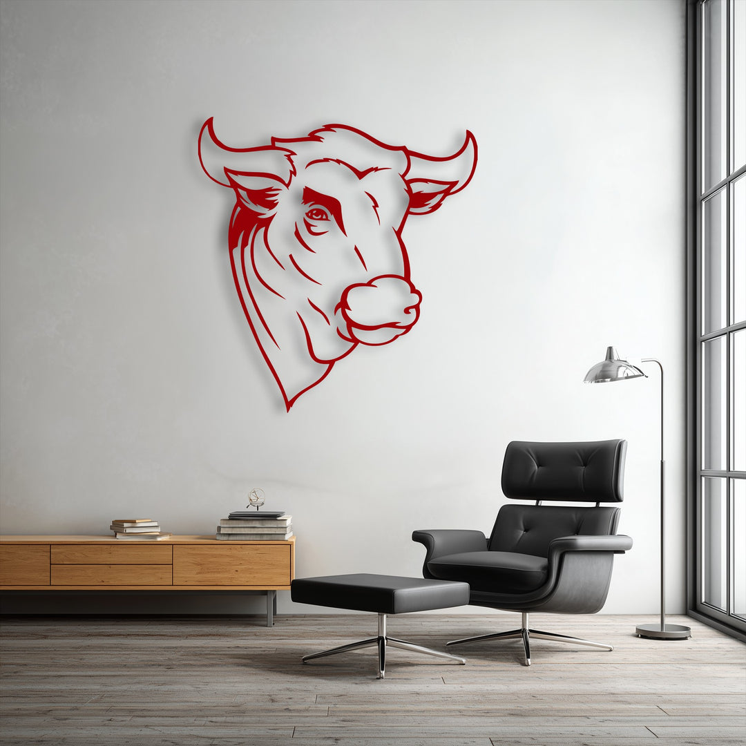 The crisp, clean white background wall perfectly highlights the striking red bull metal decoration wall art with a minimal line design.