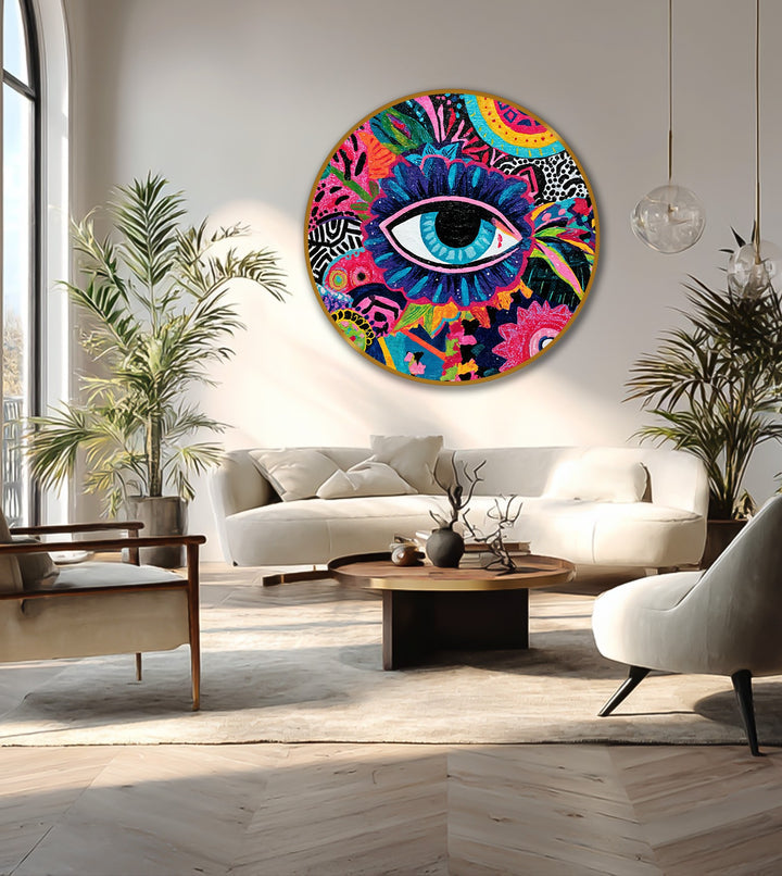 White space highlights the vivid details of the colorful abstract round oil painting, showcasing the bold mystic eye as a stunning example of oil painting decoration.