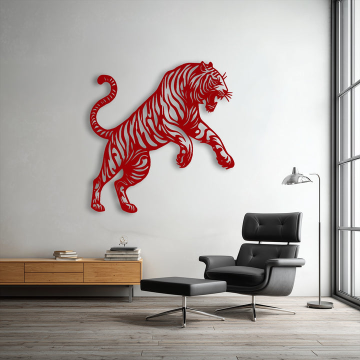 Prominently in the foreground, a black leather armchair, ottoman, and modern floor lamp complement the tiger metal decoration wall art.