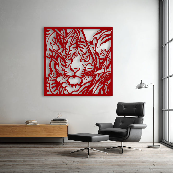 The dynamic visual rhythm of this red tiger in foliage metal art for wall creates an engaging flow in the modern space.