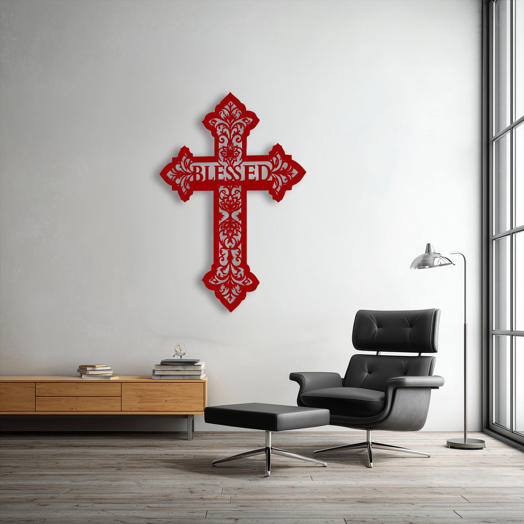 The intricate, laser-cut red Blessed Cross metal wall decor offers a sophisticated abstract design, enhancing spiritual spaces.