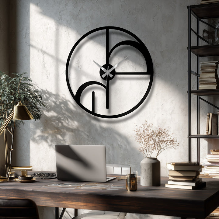 Highlighting the abstract quality, this minimalist metal circle clock showcases geometric shapes, demonstrating innovative metal art for wall decor in a modern arrangement.