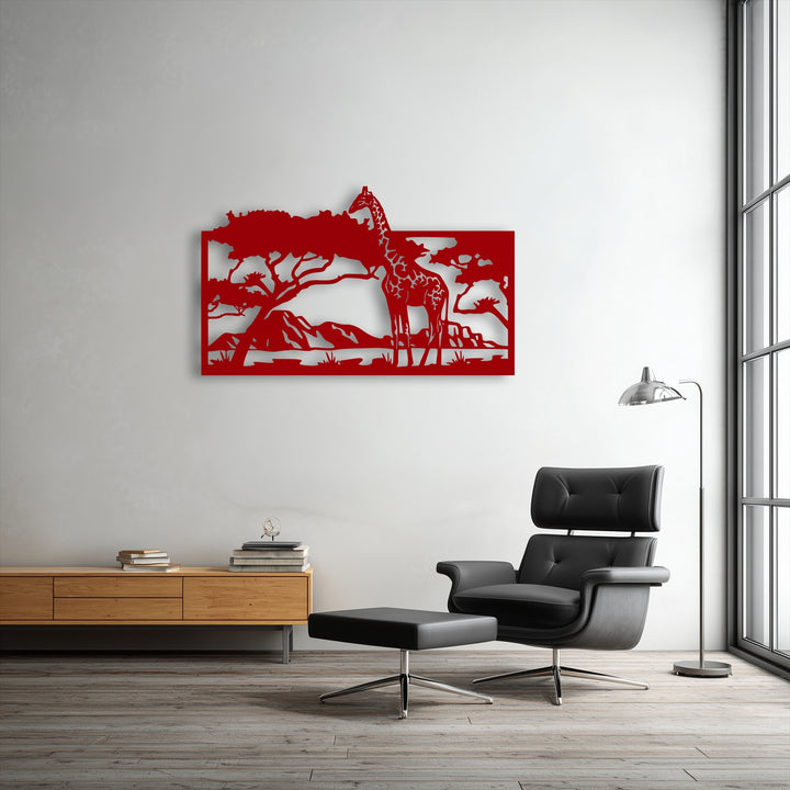 Organic forms define this vibrant red savannah giraffe scene metal artwork, featuring detailed natural silhouettes.