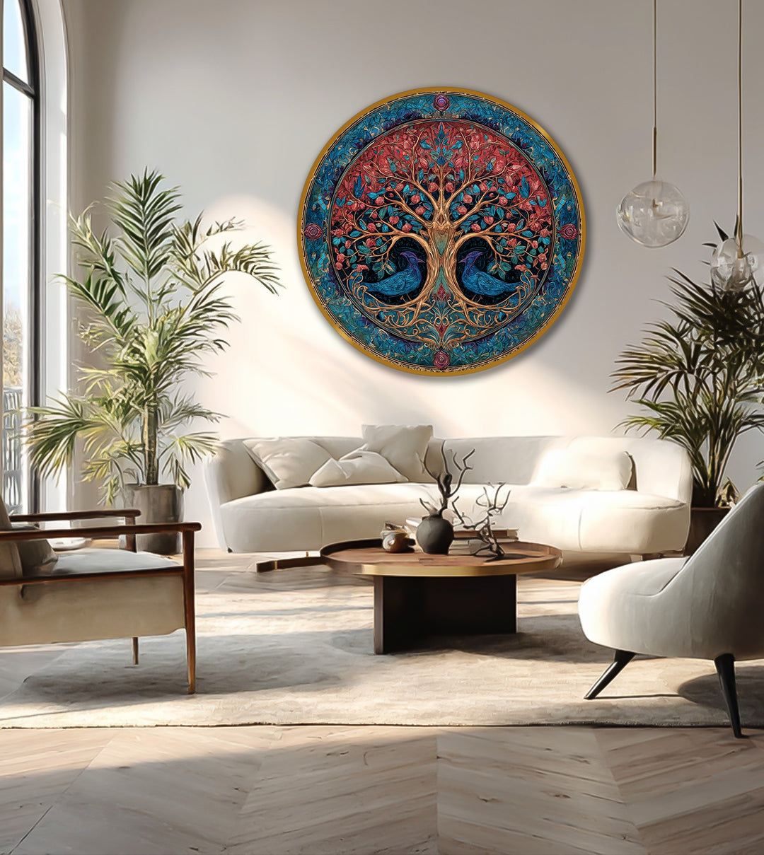 Light and shadow enhance the vibrant details of this round oil painting art piece, featuring an ornate tree of life with red blossoms and blue birds.