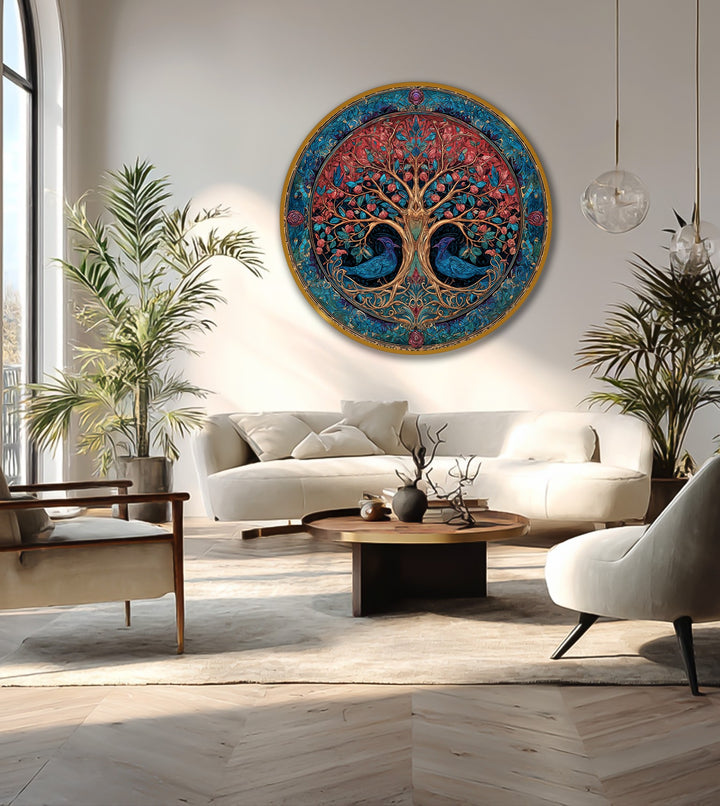 Light and shadow enhance the vibrant details of this round oil painting art piece, featuring an ornate tree of life with red blossoms and blue birds.