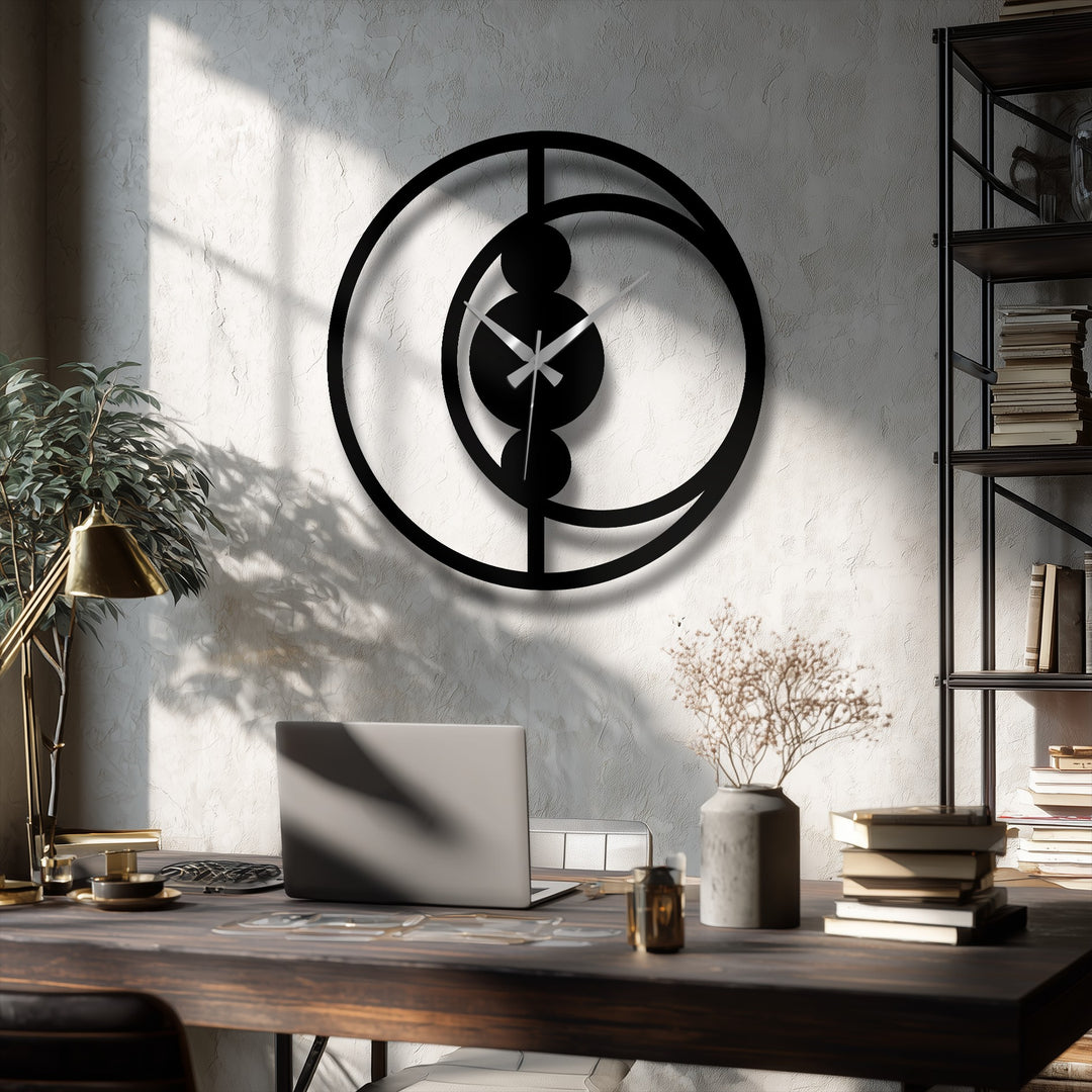 Contemplative mood emanates from the image of the abstract circular decorative metal art clock, a modern minimalist piece casting shadows on the textured wall.
