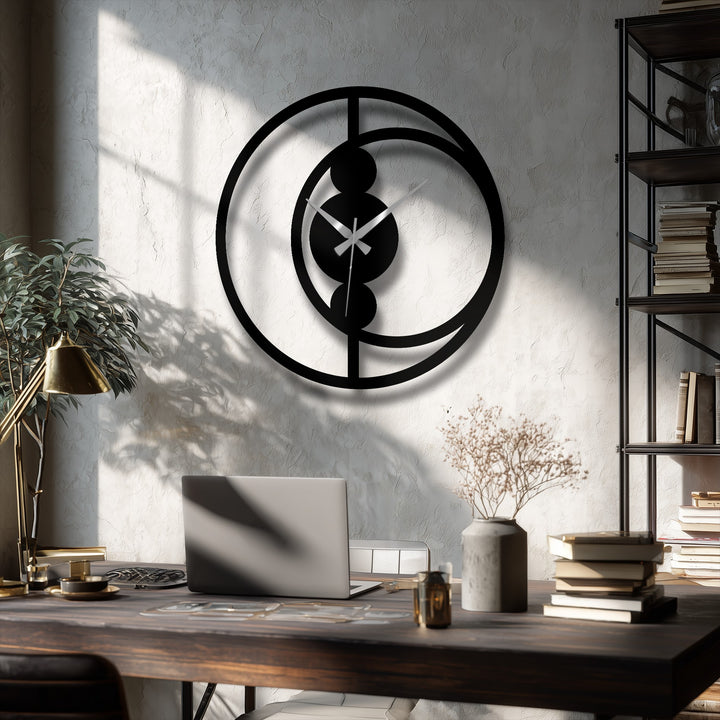 Contemplative mood emanates from the image of the abstract circular decorative metal art clock, a modern minimalist piece casting shadows on the textured wall.