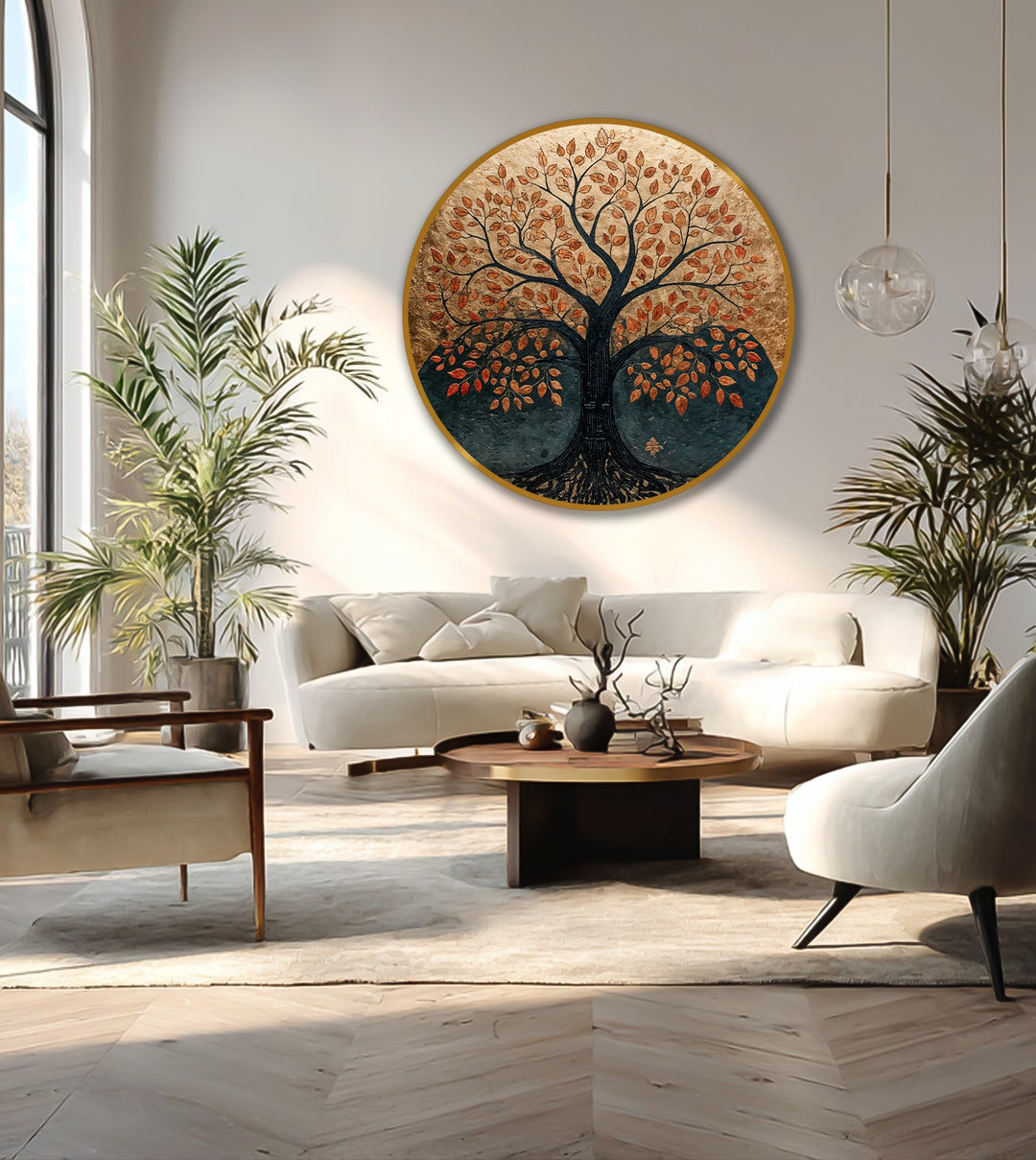 Illuminated by the brightest area, this vibrant Eternal Roots autumn tree round oil painting showcases exquisite oil painting art prints with copper leaves and deep earthy tones.